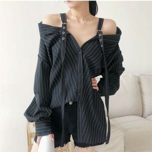 Pinstriped Off-Shoulder Black White Blouse